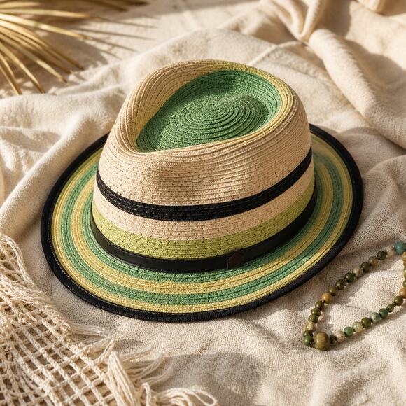 Som-Her Mexico Colorblock Straw Fedora Hat Cream Green Black Unisex O/S Boho main image 7